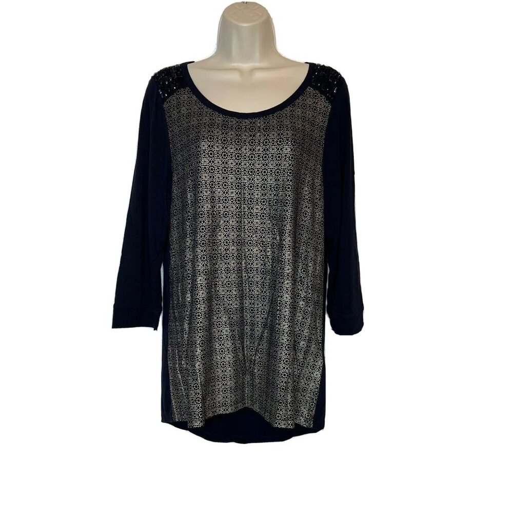 Chicos 3 Womens Size XL Navy Gold metallic Patterned Long Sleeve Top knit